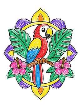 Cute Tropical Parrot With Flowers Coloring Page
