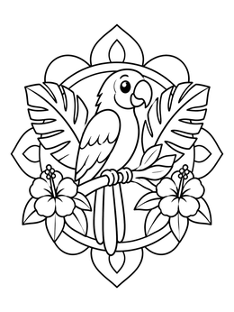 A cute parrot coloring page framed by tropical leaves and flowers.