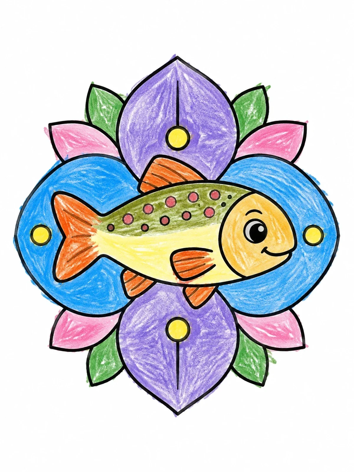Colored example of the Cute Trout On Flower Mandala coloring page