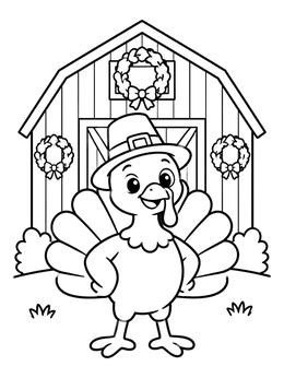 A cheerful turkey coloring page featuring a pilgrim hat in front of a barn.