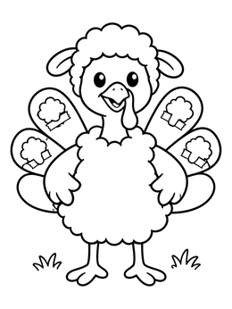 A cute turkey coloring page showing a bird disguised as a fluffy sheep with taped wool.