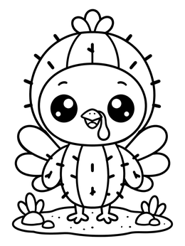 A cute baby turkey disguised as a spiky cactus stands in the desert on this fun turkey coloring page.