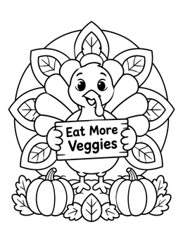 A cheerful turkey coloring page showing a bird holding an Eat More Veggies sign by pumpkins.