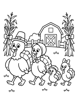 A cheerful turkey coloring page showing a turkey family walking by a barn with corn stalks.