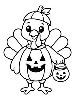 A turkey coloring page featuring a cute turkey dressed as a pumpkin holding a trick-or-treat bucket.