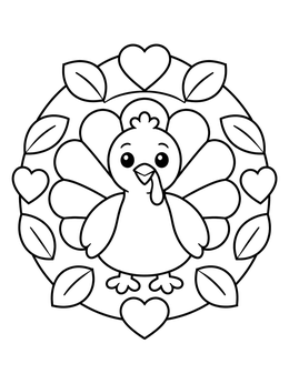 A sweet little turkey coloring page framed by a mandala pattern of hearts and leaves.