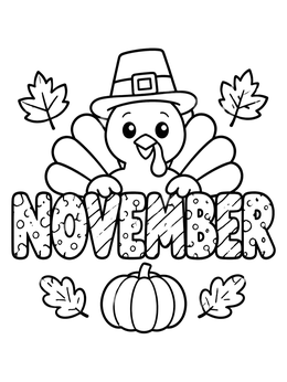 A cartoon turkey with a pumpkin on this november coloring page.