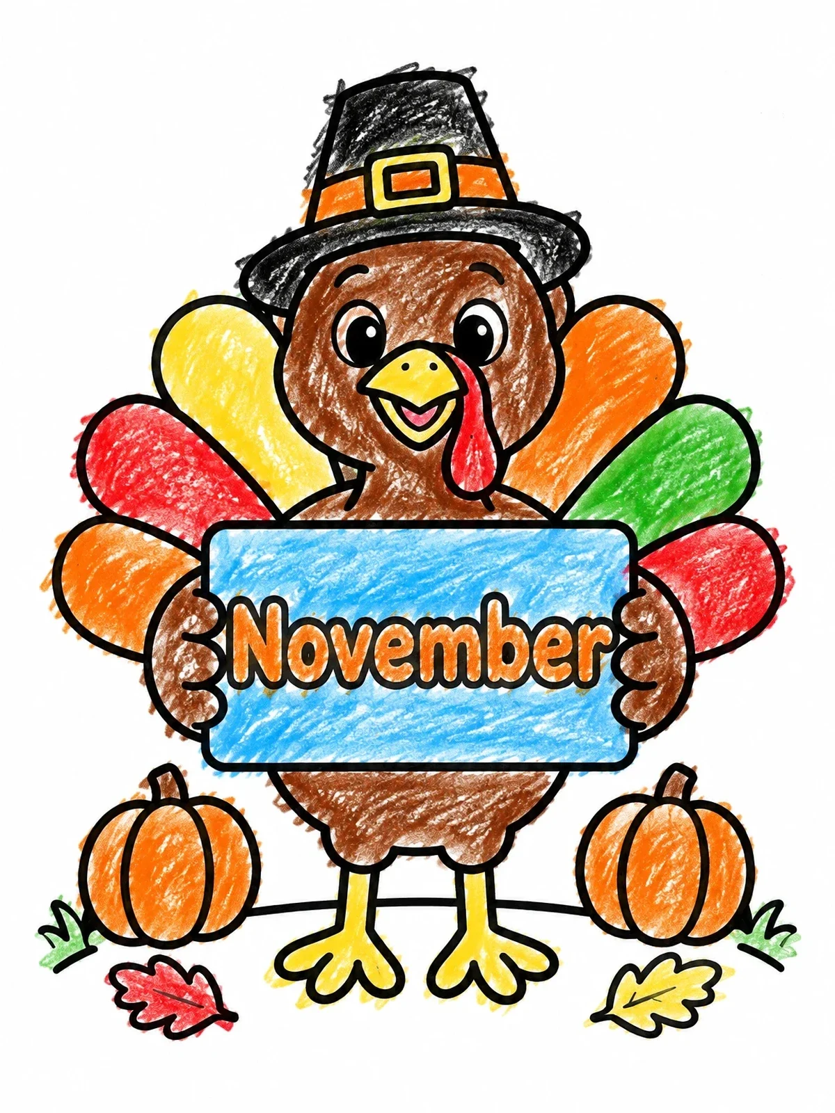 Colored example of the Cute Turkey Holding November Sign coloring page