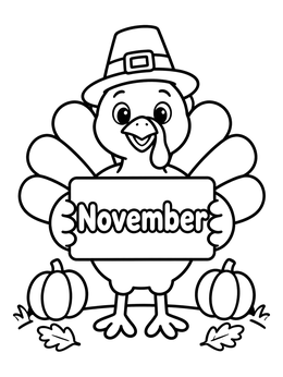 Free printable Cute Turkey Holding November Sign coloring page