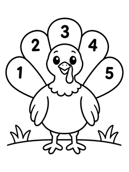 Free printable Cute Turkey With Numbered Feathers coloring page