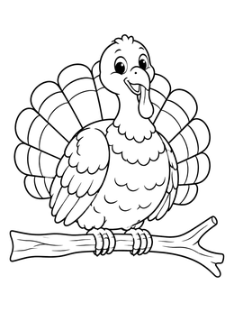 A friendly cartoon turkey coloring page perched comfortably on a tree branch.