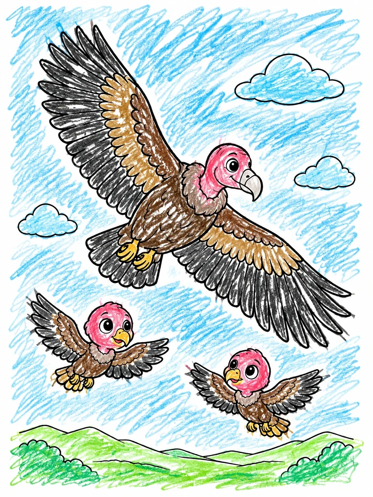 Colored example of the Cute Turkey Vulture Flying With Chicks coloring page