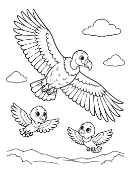 Free printable Cute Turkey Vulture Flying With Chicks coloring page