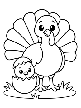 Free printable Cute Turkey With Hatching Chick coloring page