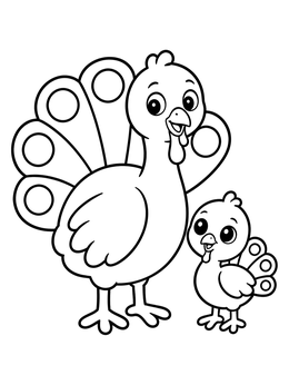 A friendly turkey and small chick feature in this cheerful turkey coloring page.