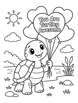 Free printable Cute Turtle With Heart Balloons coloring page