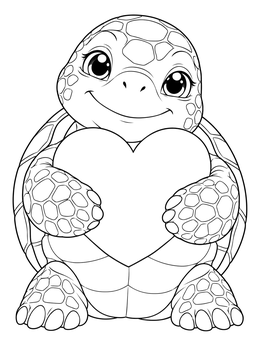 A sweet turtle valentine coloring page showing a smiling baby turtle holding a large heart.