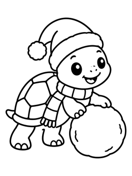 A cheerful christmas turtle coloring page showing a turtle in a Santa hat rolling a snowball.