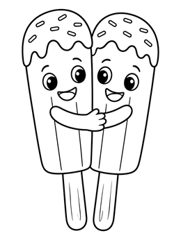 Two smiling twin ice pops embrace in this cute popsicle coloring page.