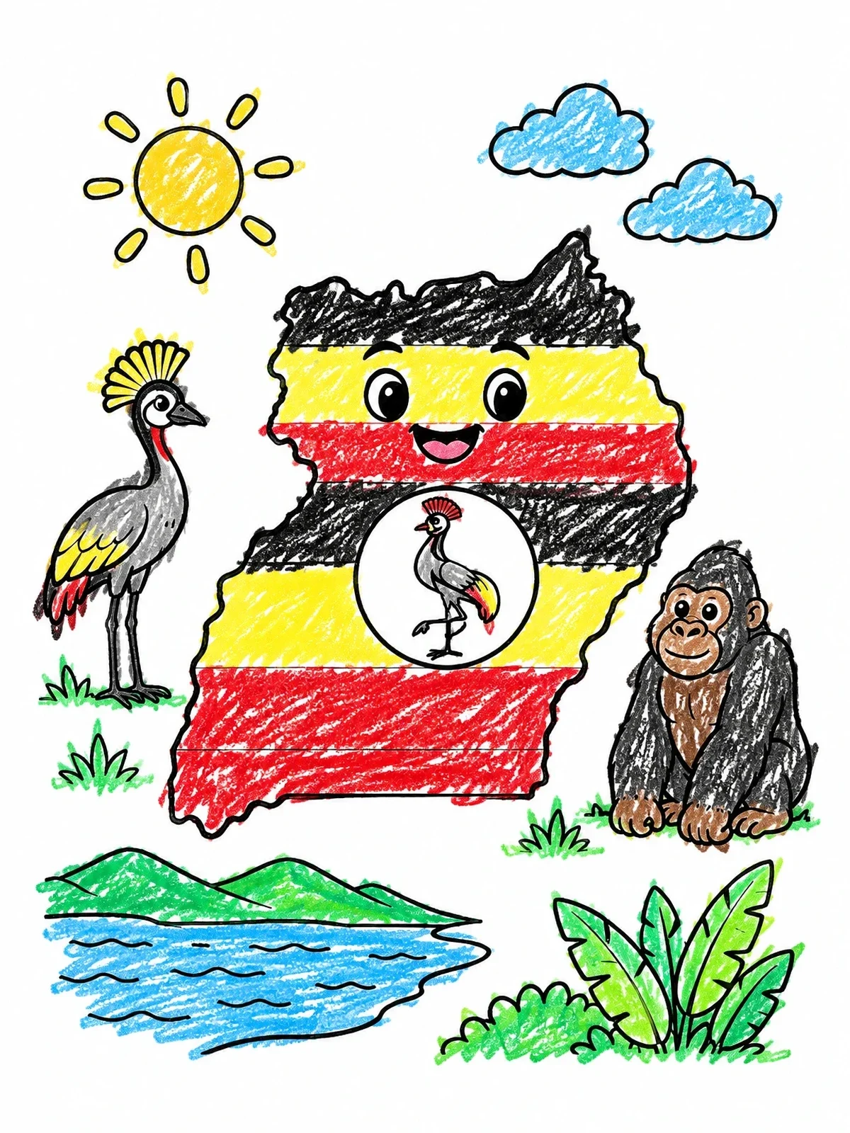 Colored example of the Cute Uganda Map With Wildlife coloring page