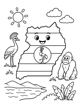 Free printable Cute Uganda Map With Wildlife coloring page