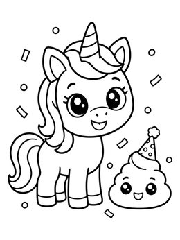 A cute pony and poop emoji celebrate in this unicorn emoji coloring page.