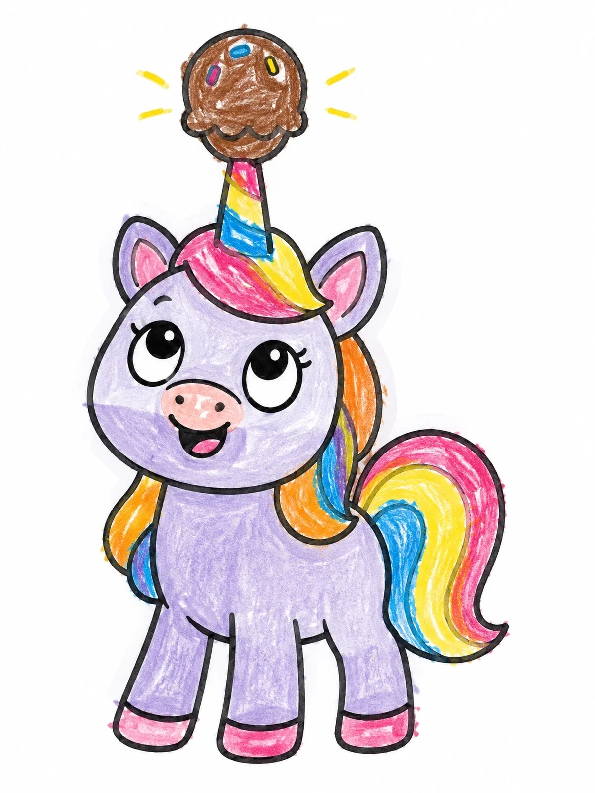 Colored example of the Cute Unicorn Balancing Ice Cream coloring page