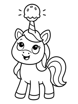 A sweet pony balances a scoop on its horn in this unicorn ice cream coloring page.