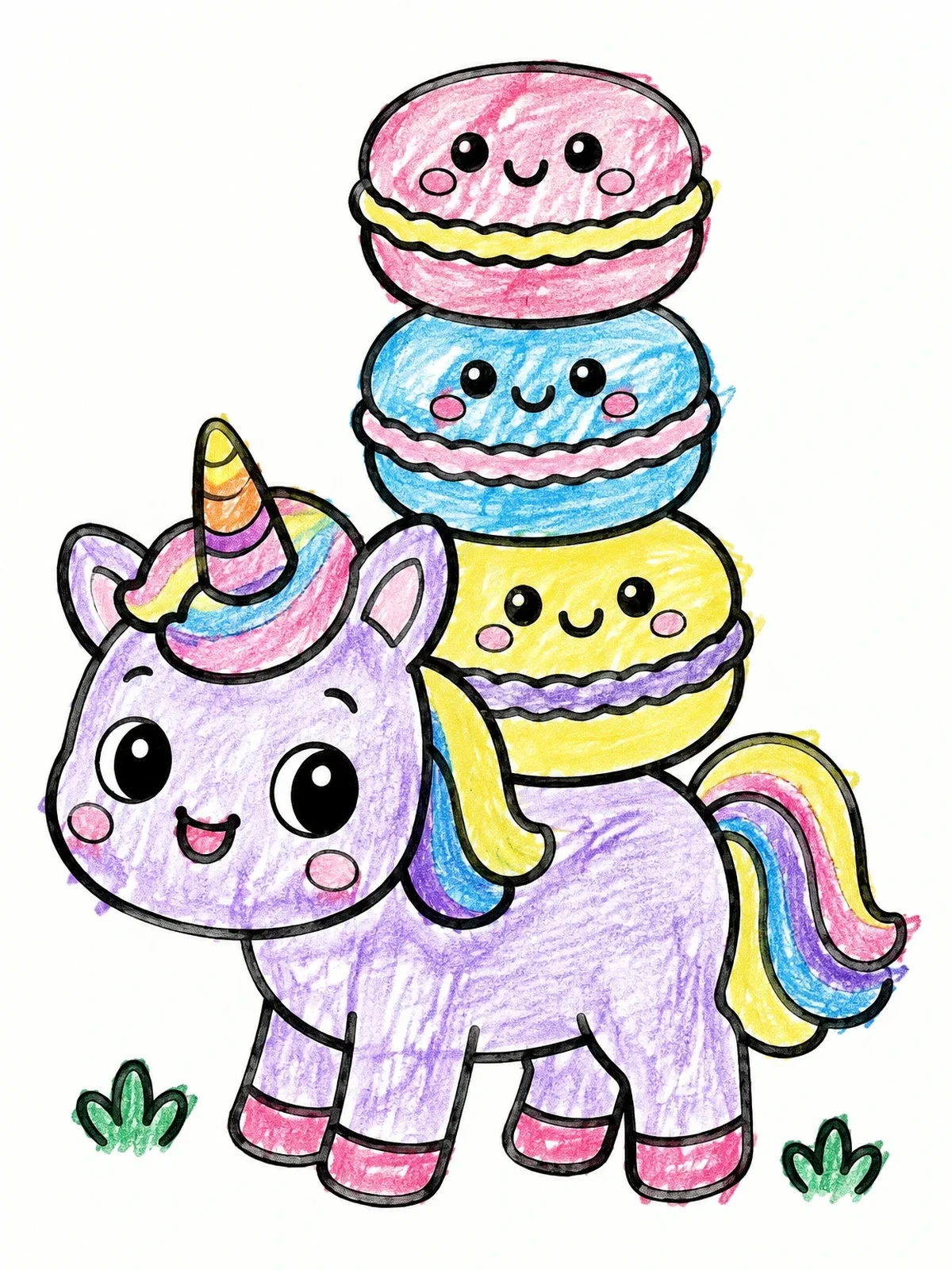 Colored example of the Cute Unicorn Balancing Smiling Macarons coloring page