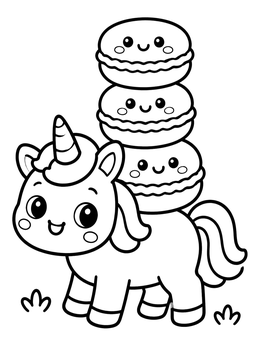 Free printable Cute Unicorn Balancing Smiling Macarons coloring page