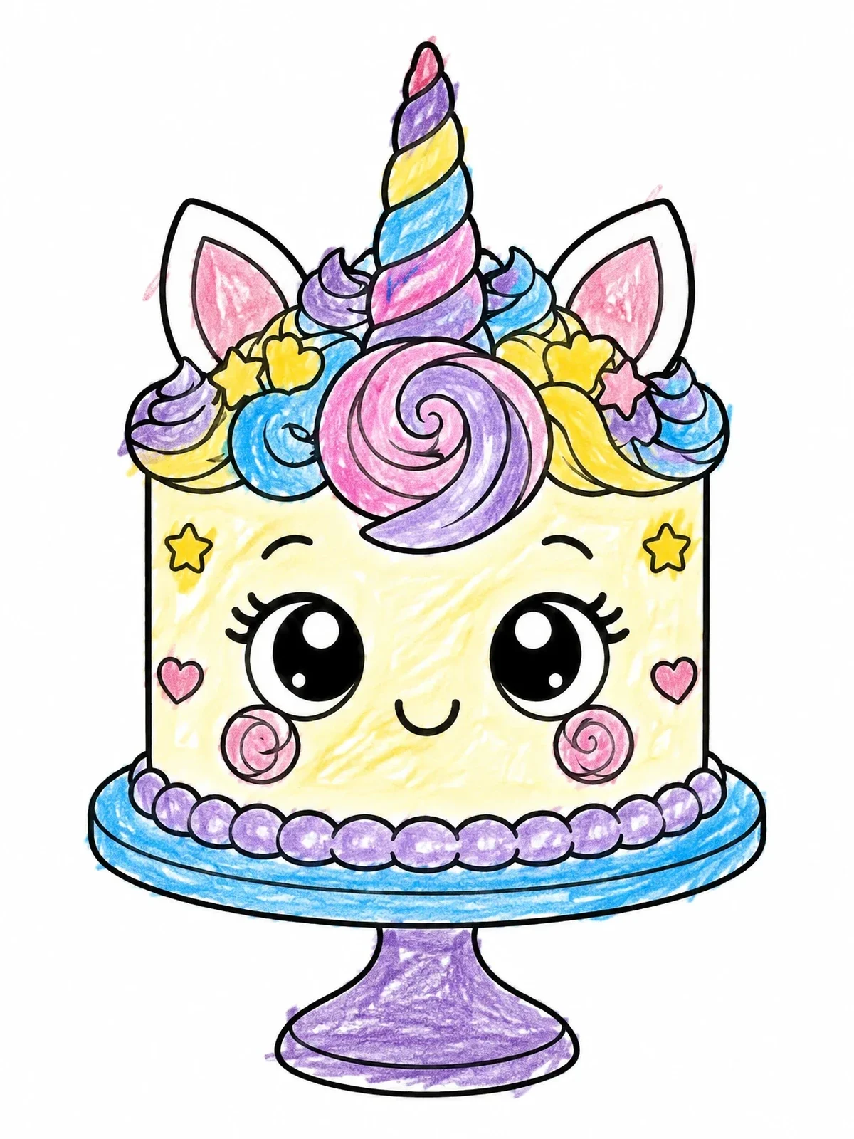 Colored example of the Cute Unicorn Birthday Cake coloring page