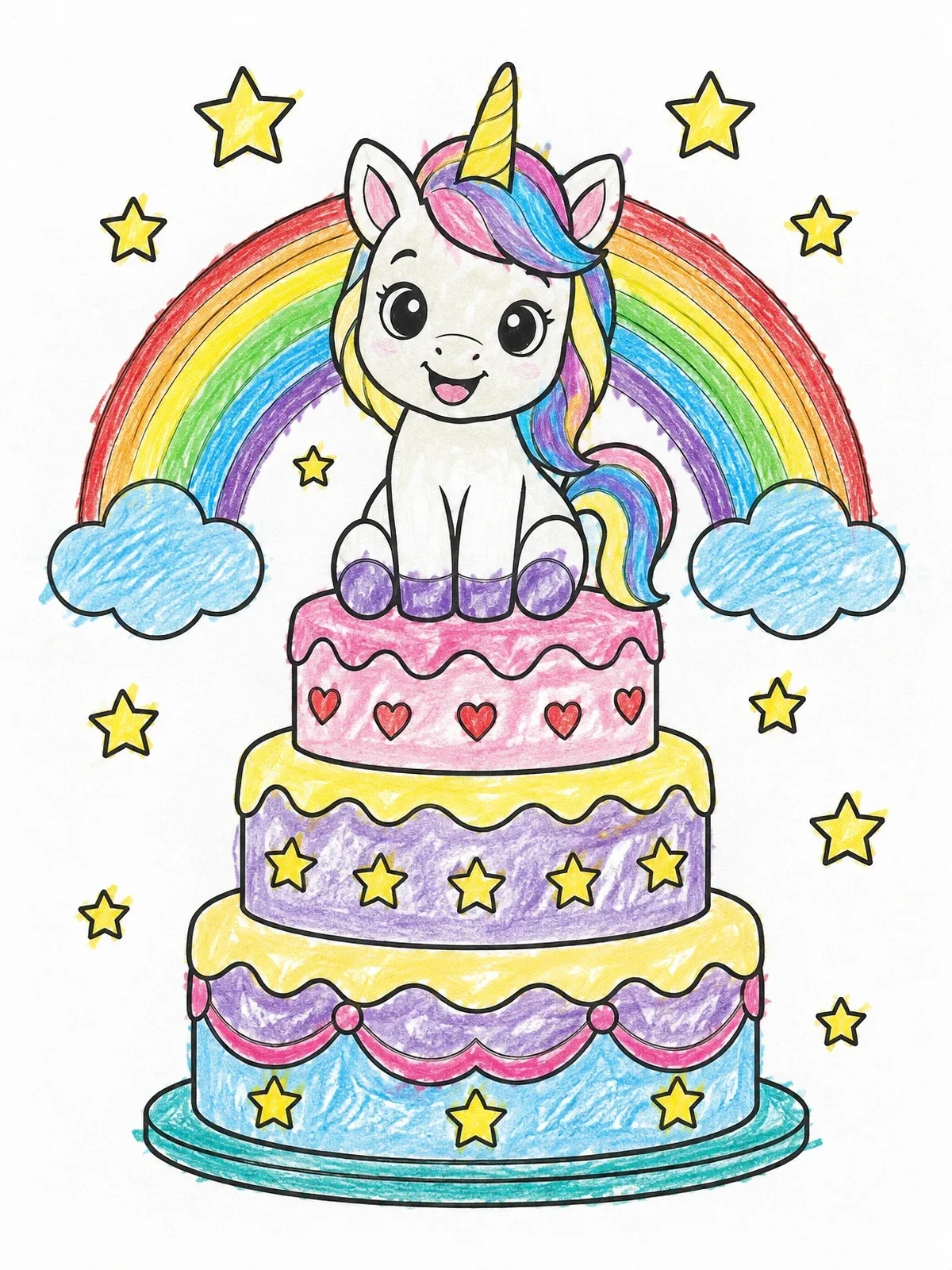 Colored example of the Cute Unicorn Sitting On Birthday Cake coloring page