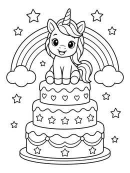 Cute Unicorn Sitting on Birthday Cake coloring page