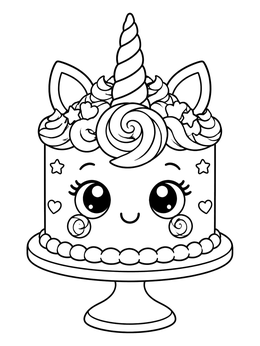A cute unicorn cake coloring page with big eyes, ears, and a swirl horn on a stand.