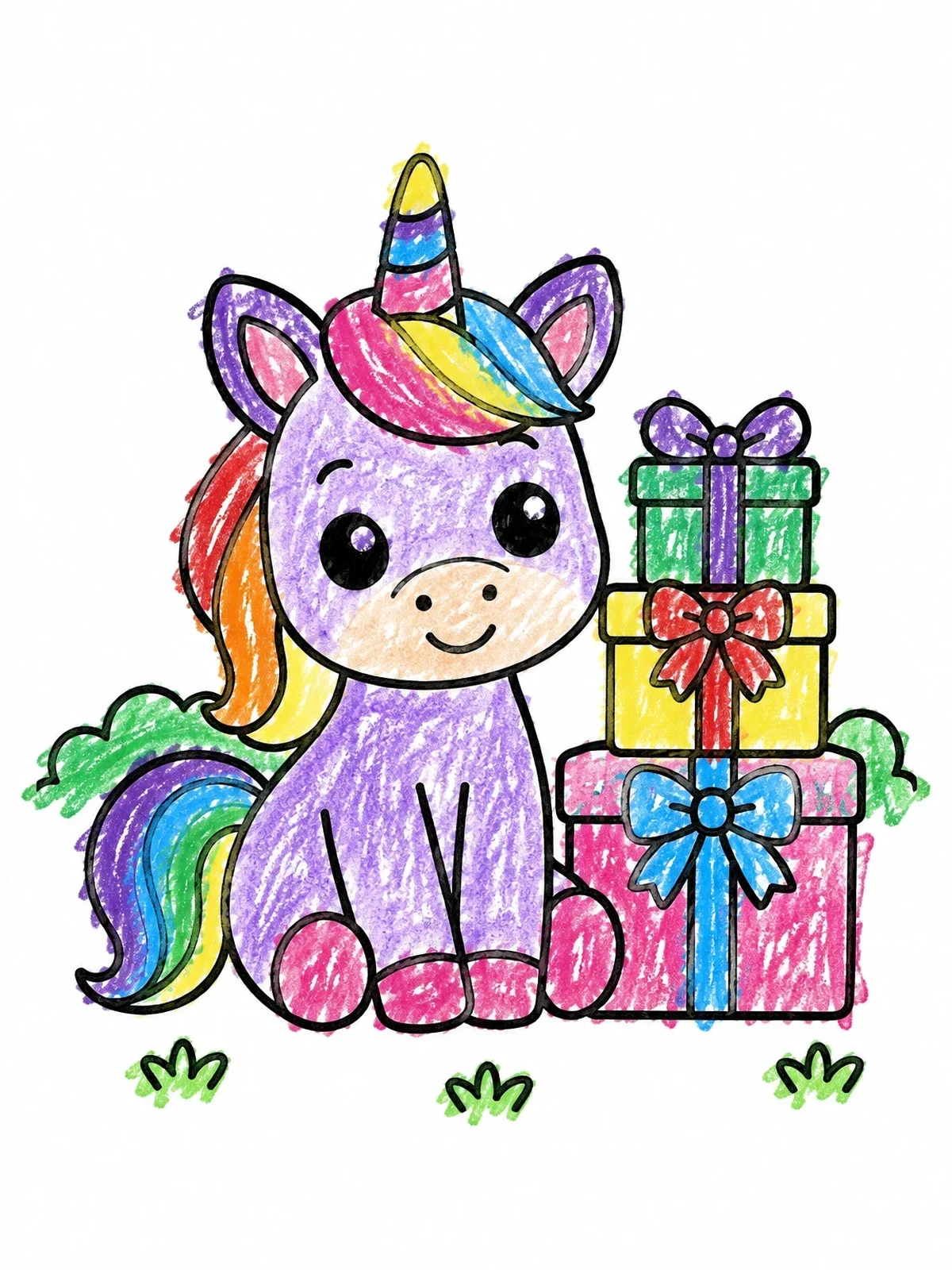 Colored example of the Cute Unicorn With Birthday Gifts coloring page