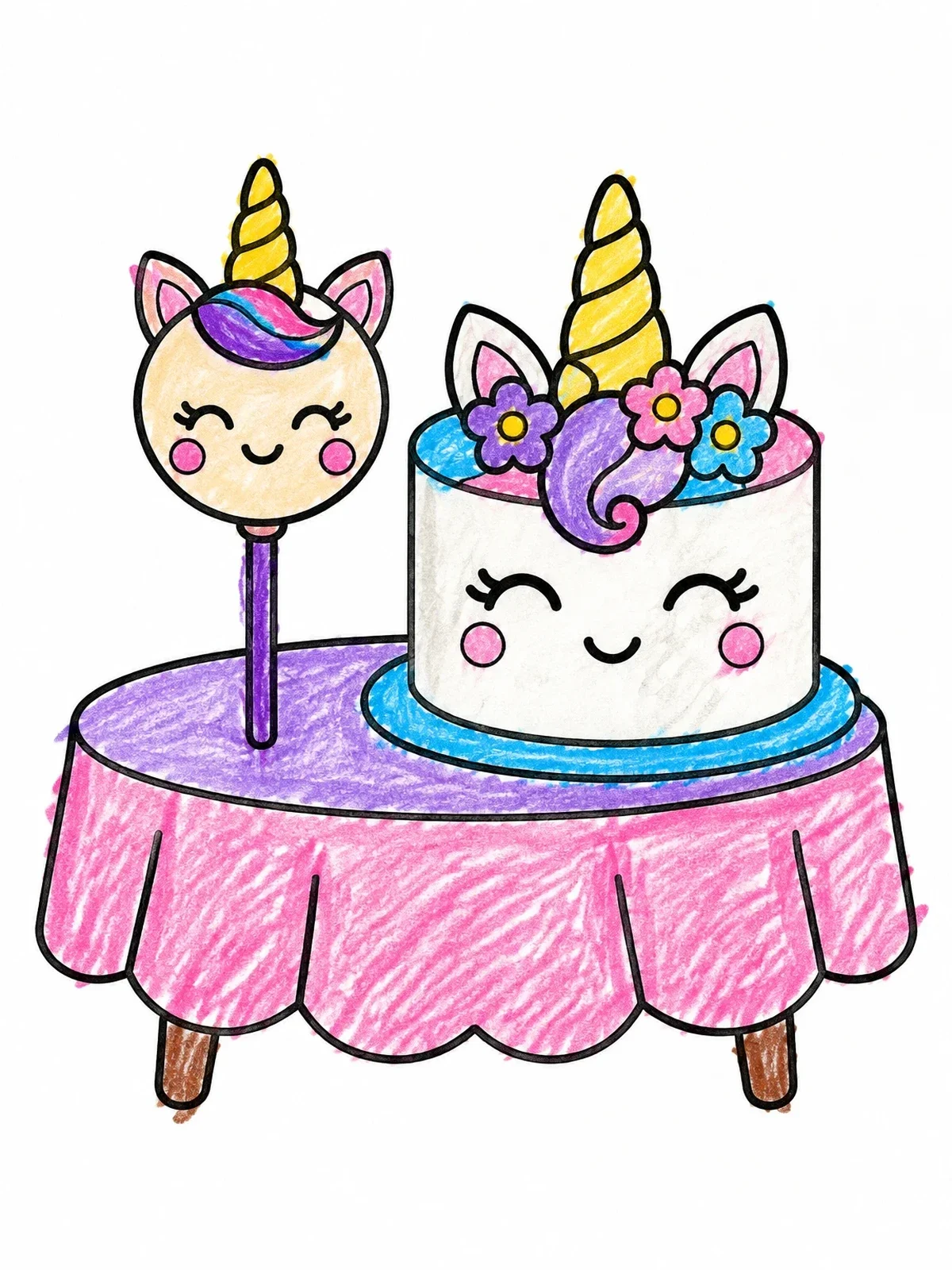 Colored example of the Cute Unicorn Cake And Cake Pop coloring page