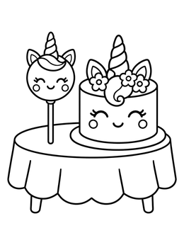 A sweet unicorn cake coloring page featuring a matching cake pop on a small party table.