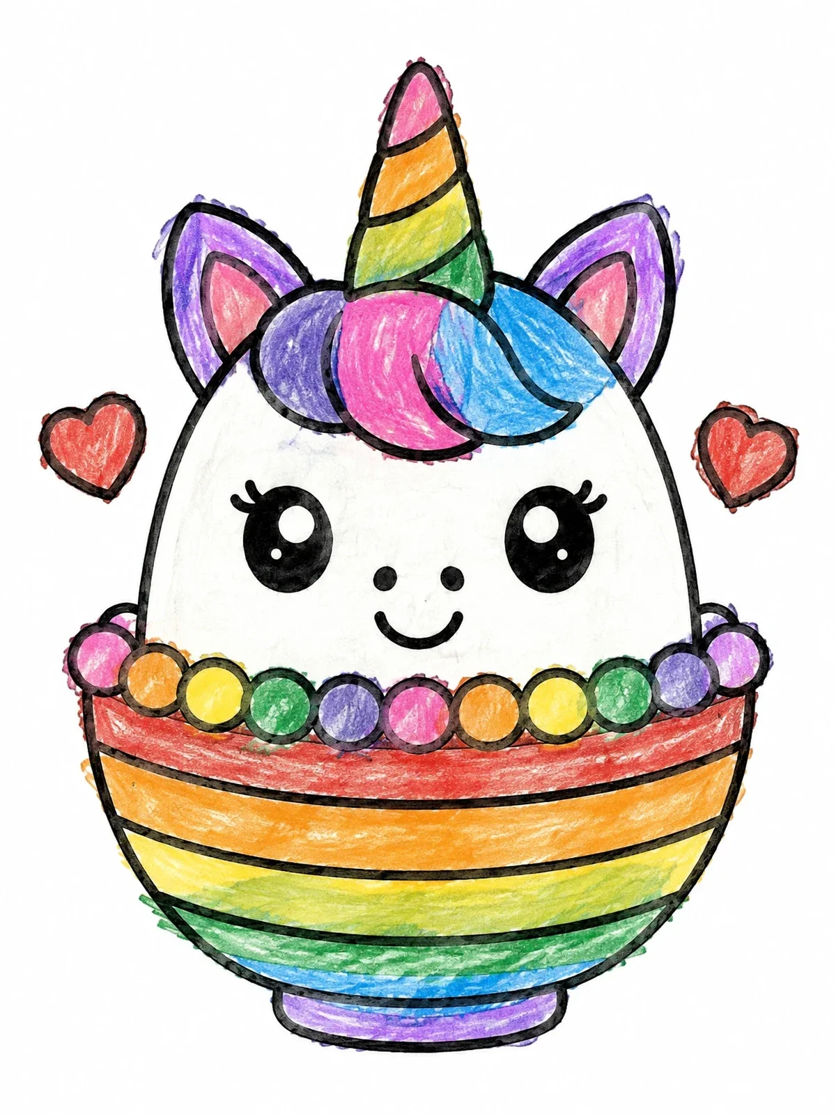 Colored example of the Cute Unicorn Cake In A Striped Bowl coloring page