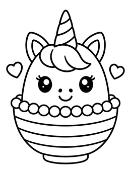 A cute unicorn cake coloring page featuring a smiling dessert inside a striped bowl with candy pearls.