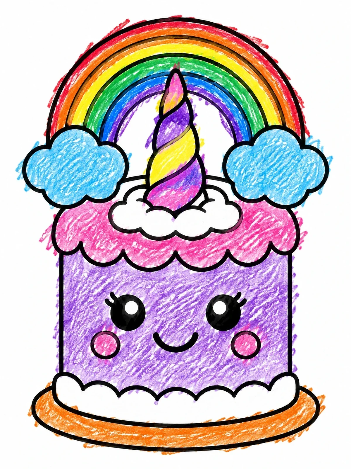 Colored example of the Cute Unicorn Cake With Rainbow coloring page