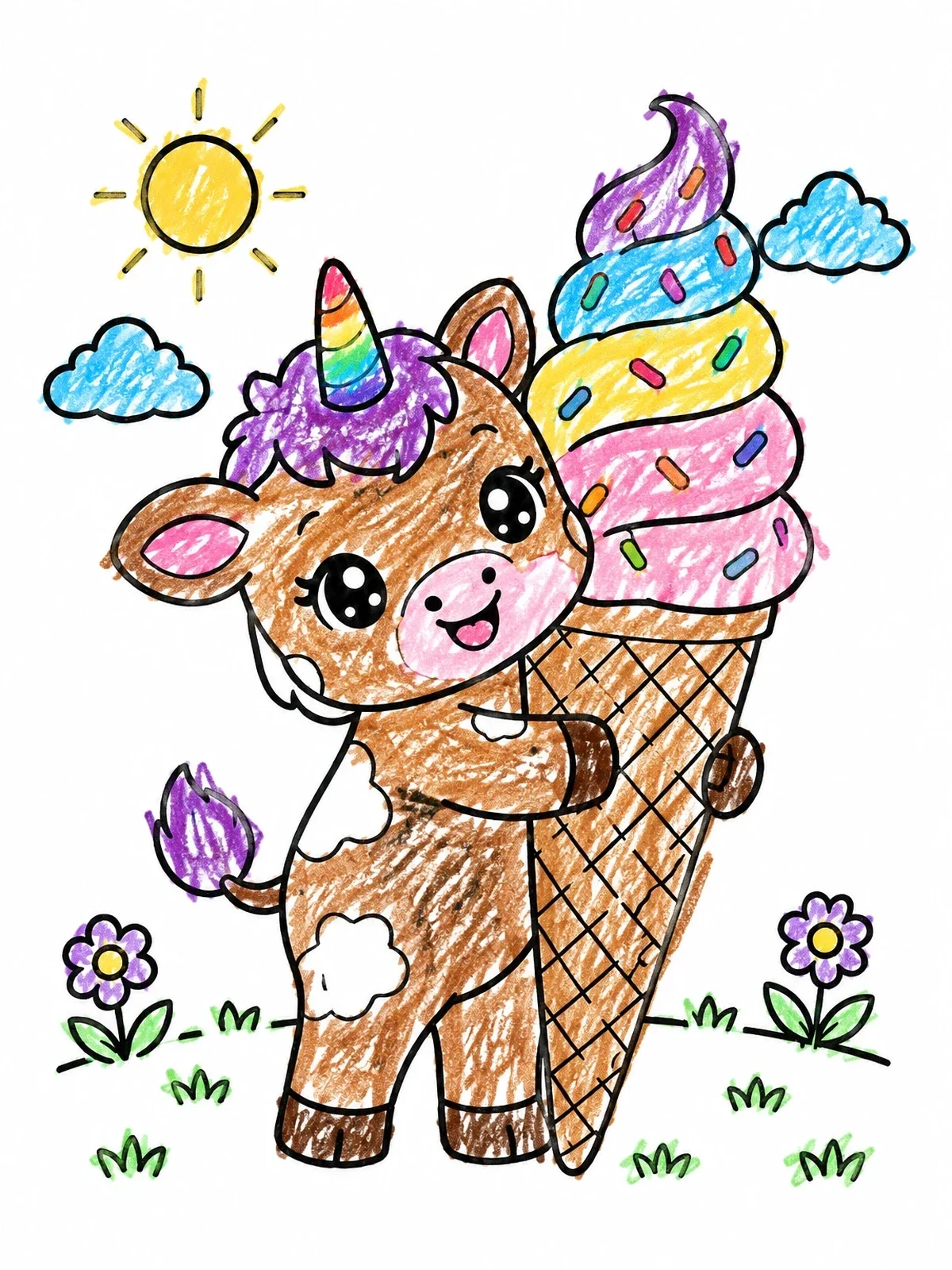 Colored example of the Cute Unicorn Calf With Giant Ice Cream coloring page