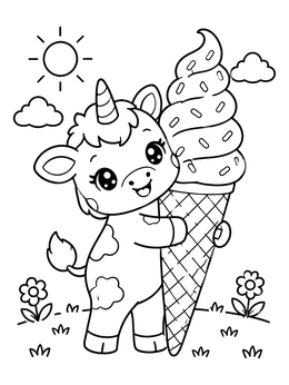 Free printable Cute Unicorn Calf With Giant Ice Cream coloring page