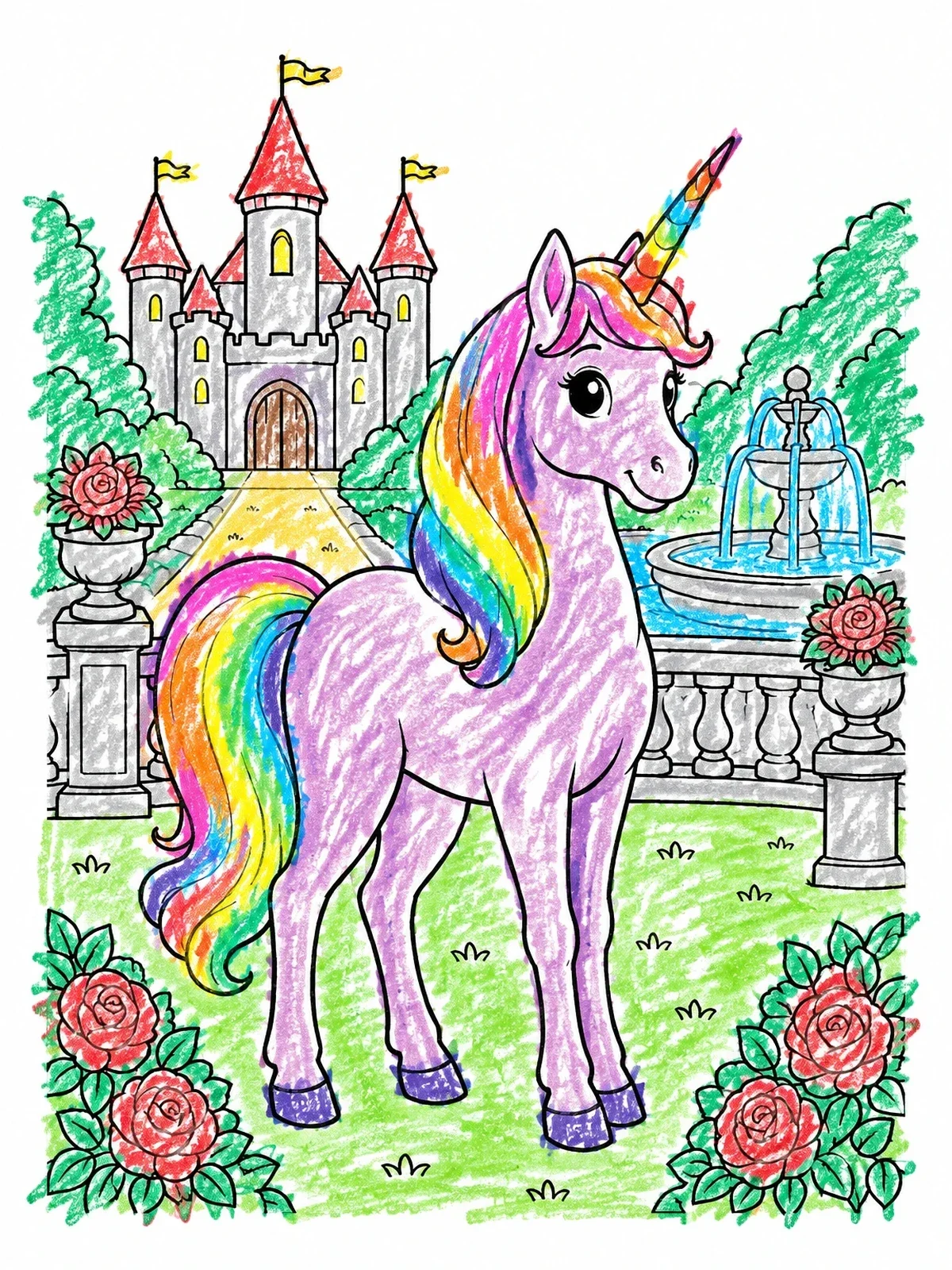Colored example of the Cute Unicorn In Castle Garden coloring page