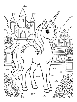 A magical unicorn coloring page featuring a castle, fountain, and blooming rose bushes.