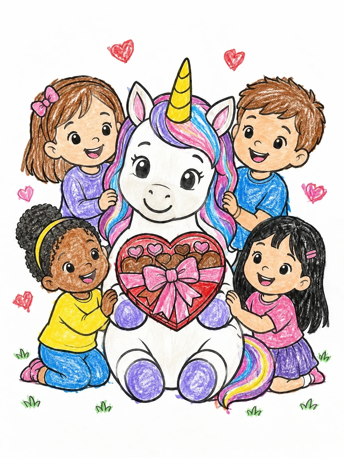 Colored example of the Cute Unicorn With Children And Chocolates coloring page