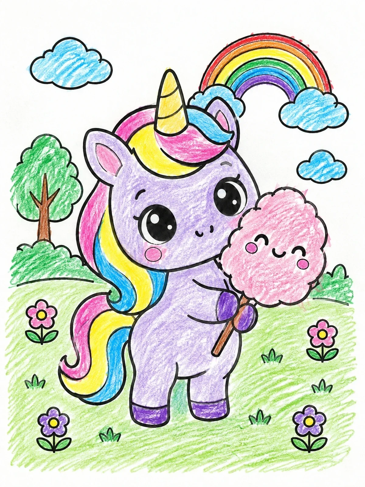 Colored example of the Cute Chibi Unicorn With Cotton Candy coloring page