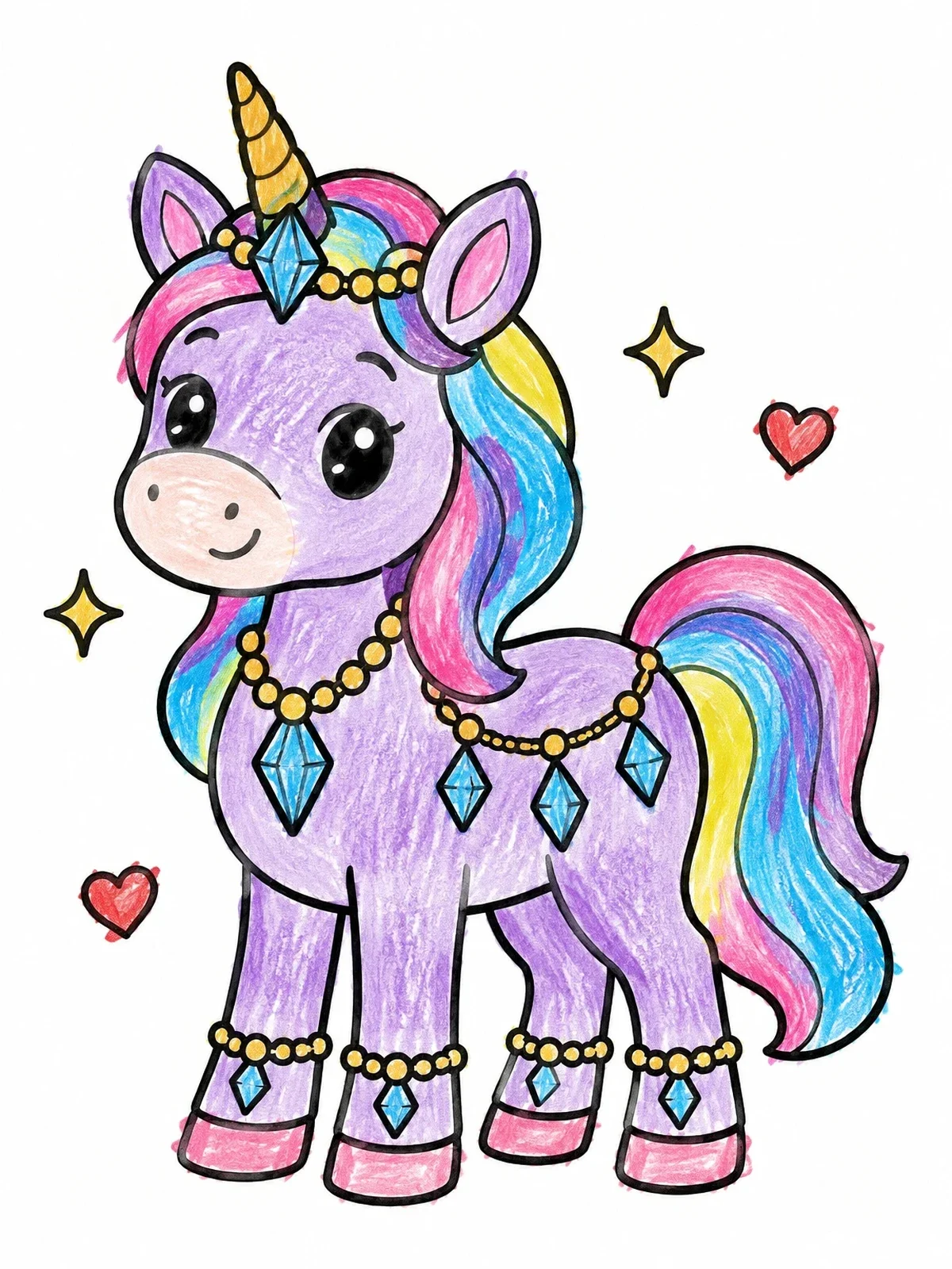 Colored example of the Cute Unicorn Adorned With Crystal Jewelry coloring page