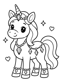 A cute unicorn coloring page decorated with sparkling crystal jewelry and stars.