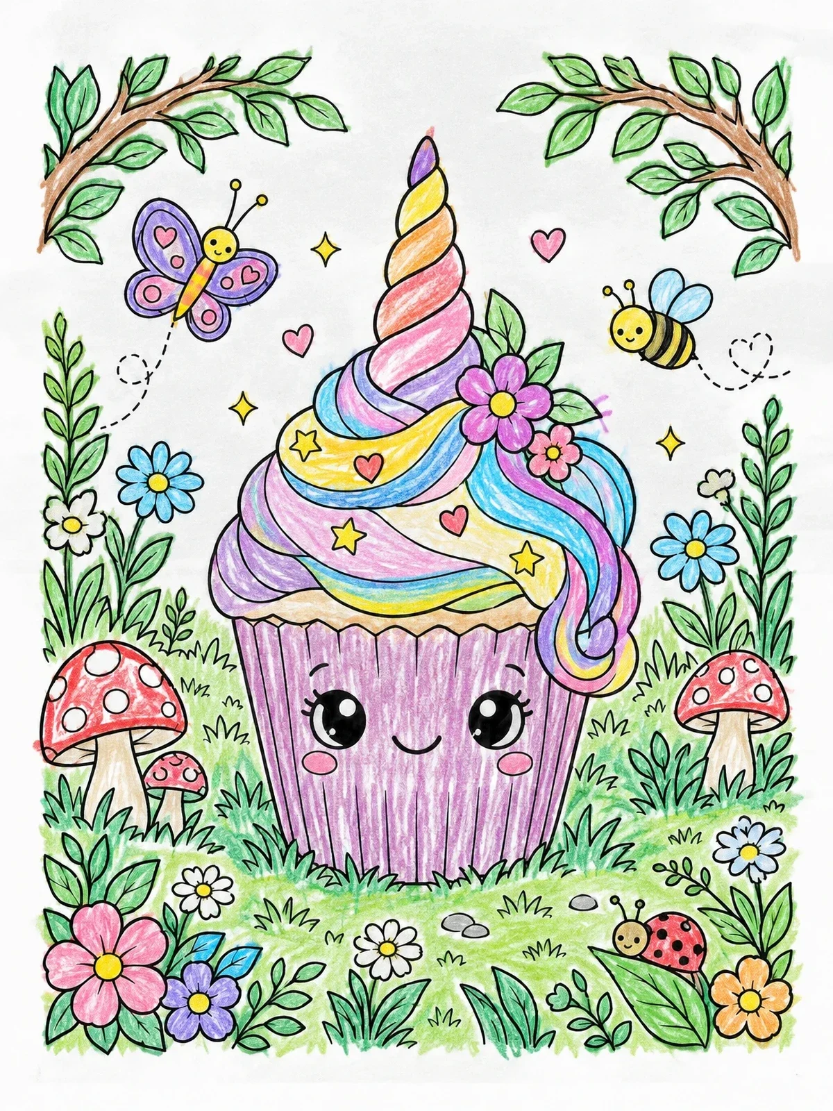 Colored example of the Cute Unicorn Cupcake In Nature coloring page
