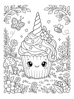 Free printable Cute Unicorn Cupcake In Nature coloring page